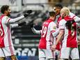 Devyne Rensch, Antony, Sébastien Haller en Davy Klaassen vieren de 0-2 van Ajax tegen Heracles.