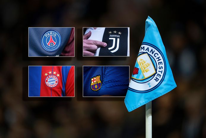 De logo's van Manchester City, Juventus, Bayern München, Paris Saint-Germain en FC Barcelona.