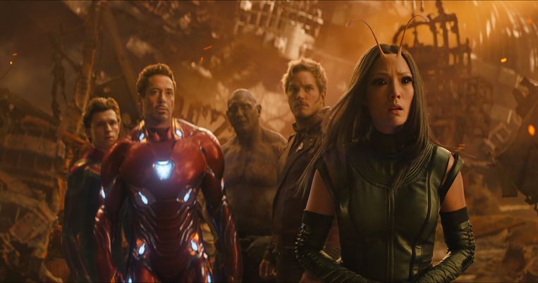 Van links naar rechts: Spider-Man/Peter Parker (Tom Holland), Iron Man/Tony Stark (Robert Downey Jr.), Drax (Dave Bautista), Star-Lord/Peter Quill (Chris Pratt) and Mantis (Pom Klementieff) Beeld RV