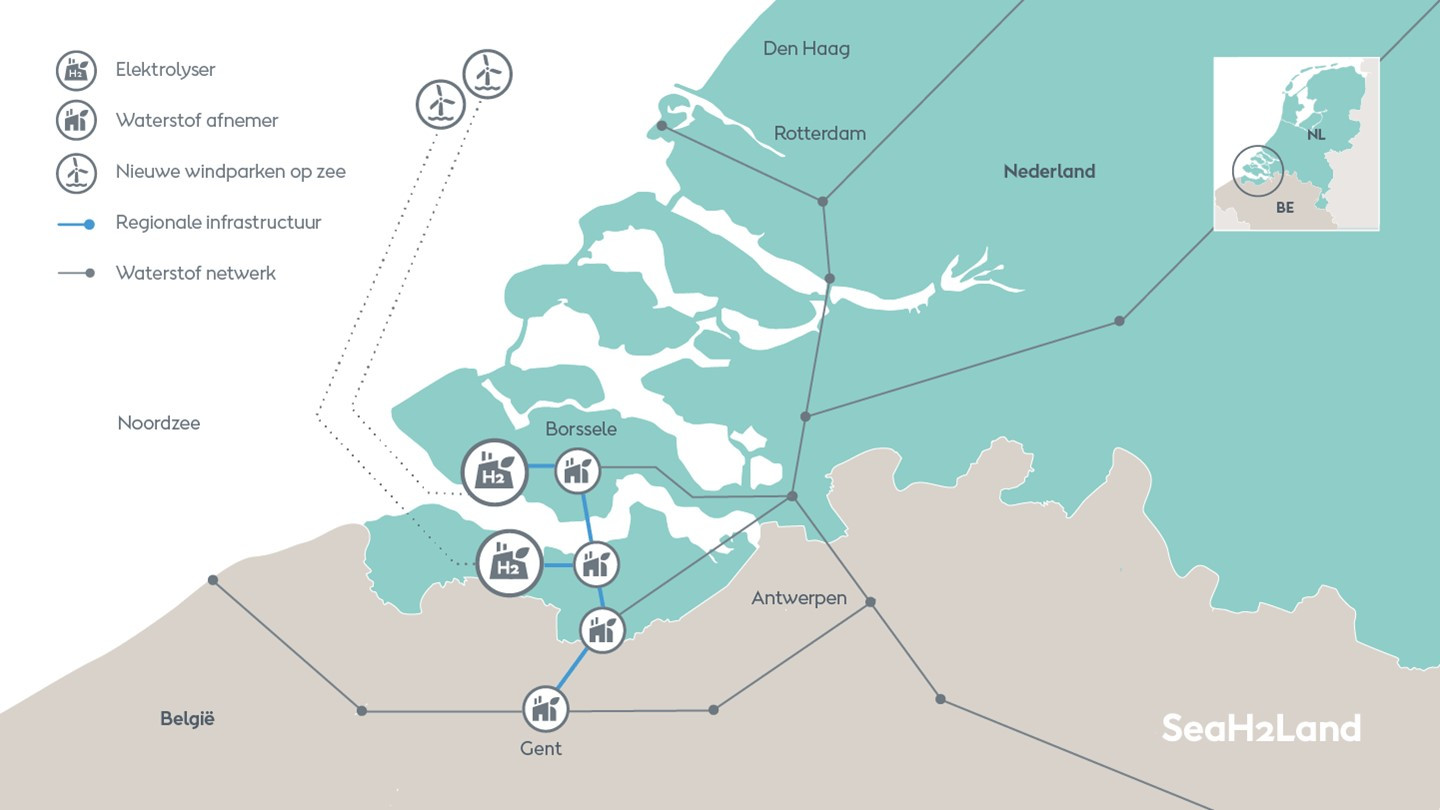 Impressie van een waterstofketen in het havengebied van North Sea Port.