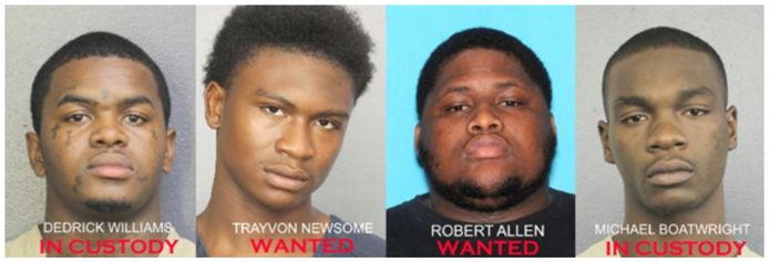 Foto's van de verdachten die zijn vrijgegeven door de politie: Dedrick Williams, 22, Trayvon Newsome, 20, Robert Allen, 22, en Michael Boatwright, 22.