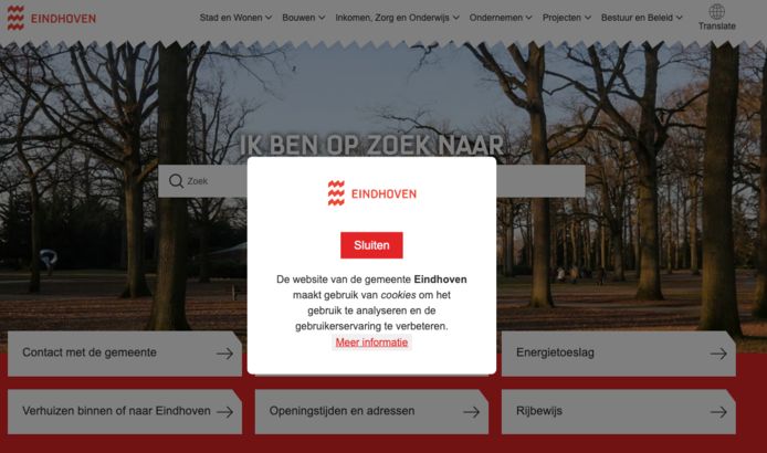 De oude cookiemuur op internetpagina van de gemeente Eindhoven.