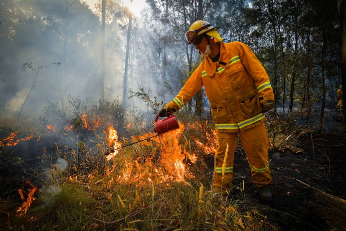 Een brandweerman start een tegenbrand in Victoria aan de kant van de barrière waar de bosbrand naartoe gaat,  zodat het vuur daar minder brandstof aantreft en niet overspringt naar de rest van het gebied.