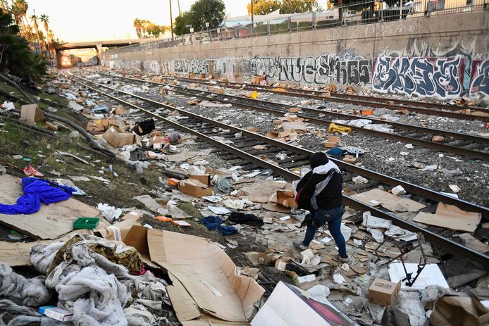 Terwijl een trein nadert, loopt een persoon met rond het spoor ‘gevonden’ goederen.