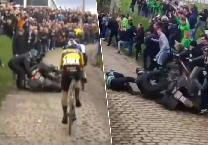 Vrijdag op de Oude Kwaremont: een motorfiets met fotograaf gaat tegen de kasseien.
