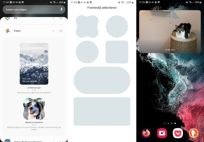 Van links naar rechts: de lijst met widgets op Android, de keuze van framestijl voor de widget en een voorbeeld van een Foto's-widget op het thuisscherm.