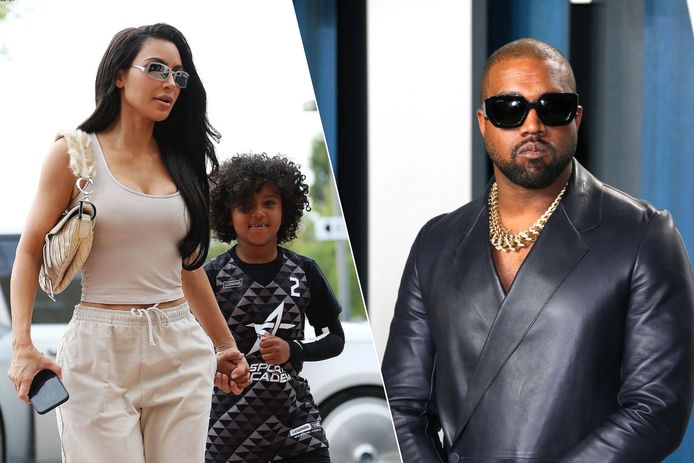 Links: Kim Kardashian en haar oudste zoon Saint (7). Rechts: Kanye West.