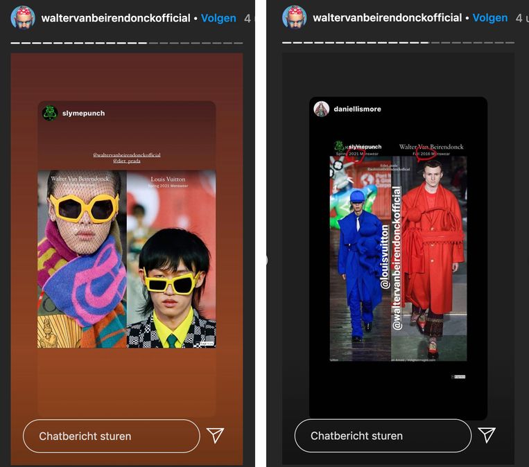 Eerste foto: links de asymmetrische zonnebrillen uit de wintercollectie Sun And Moon van 2018-2019 van Van Beirendonck, rechts de brillen van Virgil Abloh uit de nieuwe zomercollectie voor Louis Vuitton.
Tweede foto: links de jassen met driedimensionale poppen in verwerkt van Abloh voor Vuitton, rechts de jassen uit de wintercollectie Woest van 2016-2017 van Van Beirendonck. 