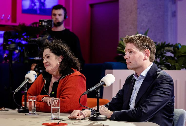 Caroline van der Plas (BoerBurgerBeweging) en Jan Paternotte (D66) vrijdag tijdens een radiodebat van de NOS over de Provincialestatenverkiezingen. Beeld ANP