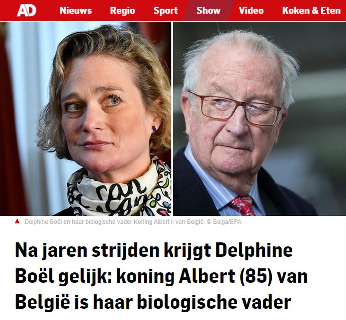 Screenshot website AD.nl: "Na jaren strijden krijgt Delphine Boël gelijk: koning Albert (85) van België is haar biologische vader.
