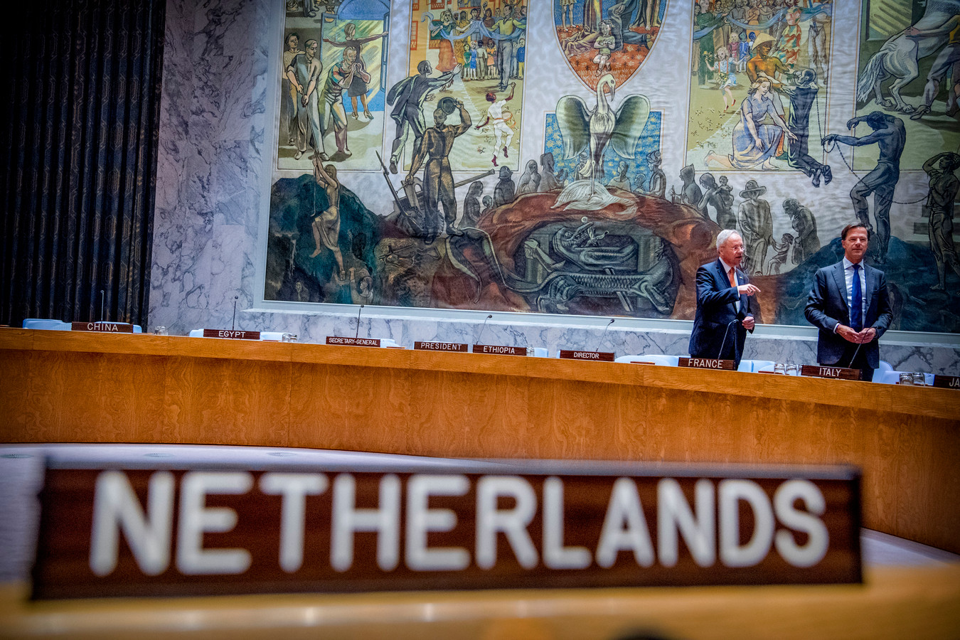 Mark Rutte in de vergaderzaal van de V-raad in het VN-gebouw in New York