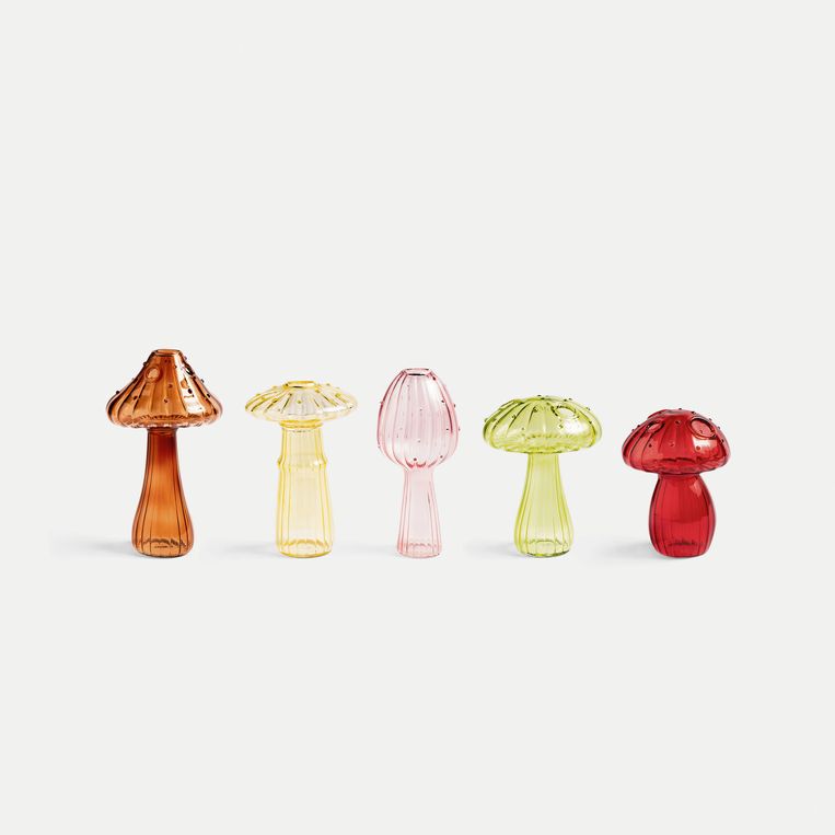 Glazen vaasjes met gaatjes voor enkele bloemtakjes, € 23,95 per stuk. klevering.nl Beeld 