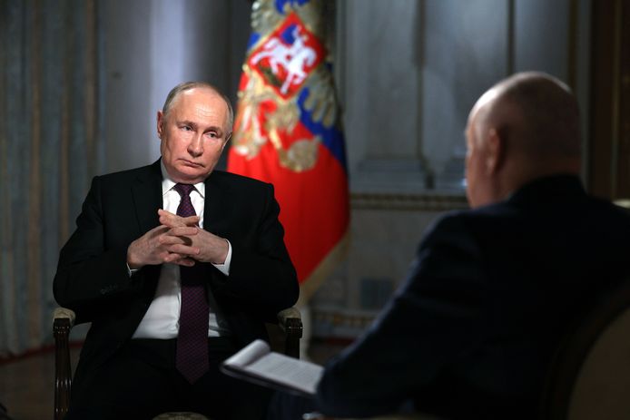 Vladimir Poetin tijdens een interview in Moskou, 12 maart 2024.