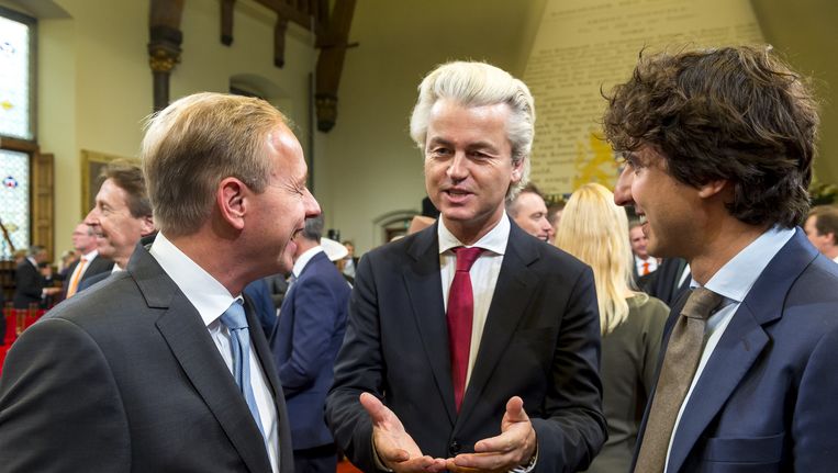 Kees van der Staaij (SGP), Geert Wilders (PVV) en Jesse Klaver (GroenLinks) op Prinsjesdag in de Ridderzaal. Beeld anp