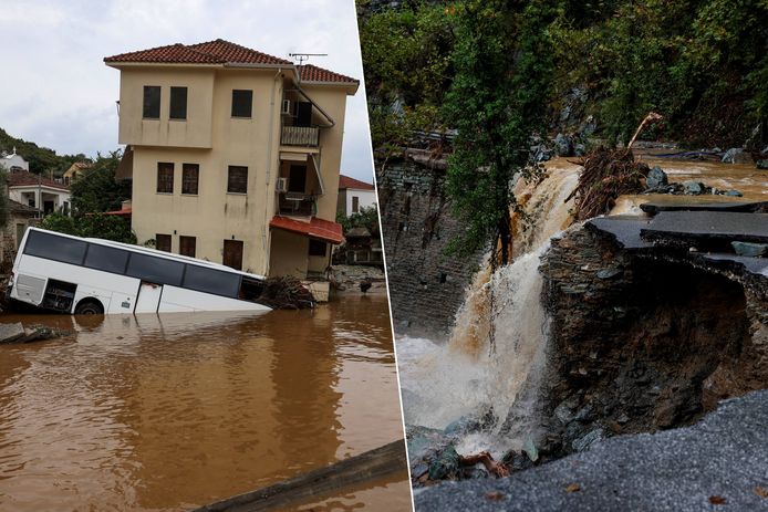Een bus staat gedeeltelijk onder water na overstromingen als gevolg van de storm Daniel in Centraal Griekenland, in het dorp Platanias. Hoofdwegen die de toeristische dorpen Portaria en Makrynica verbindt, zijn verwoest.