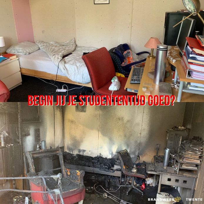 Een foto van een zwartgeblakerde studentenkamer op social media moet jongeren  bewust maken van brandgevaar in studentenhuizen.