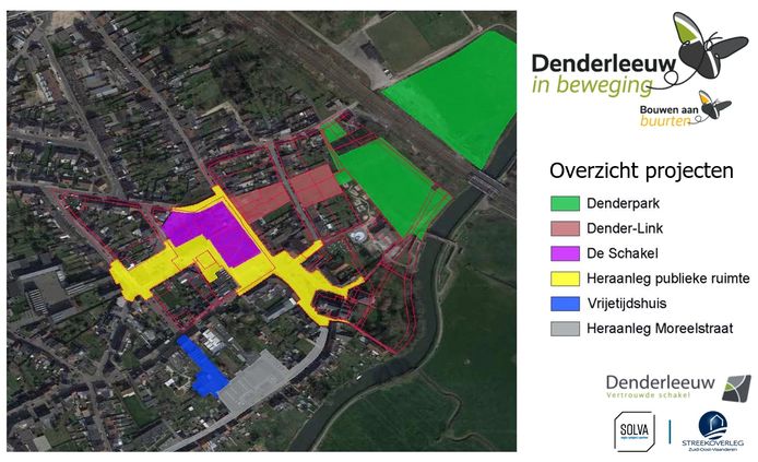 Een overzichtsplan van de projecten voor een herinrichting van het dorpscentrum van Denderleeuw.