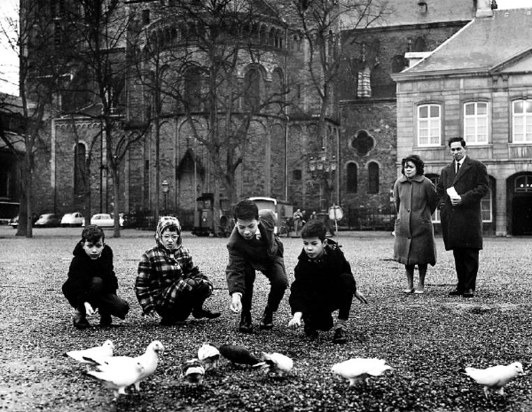 Het is 1962. Op een kerkplein in Maastricht voeren repatrianten uit IndonesiÃ« de duiven. (FOTO W.L. STUIFBERGEN, SPAARNESTAD) Beeld 