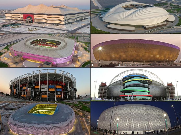 De acht stadions van het WK in Qatar.