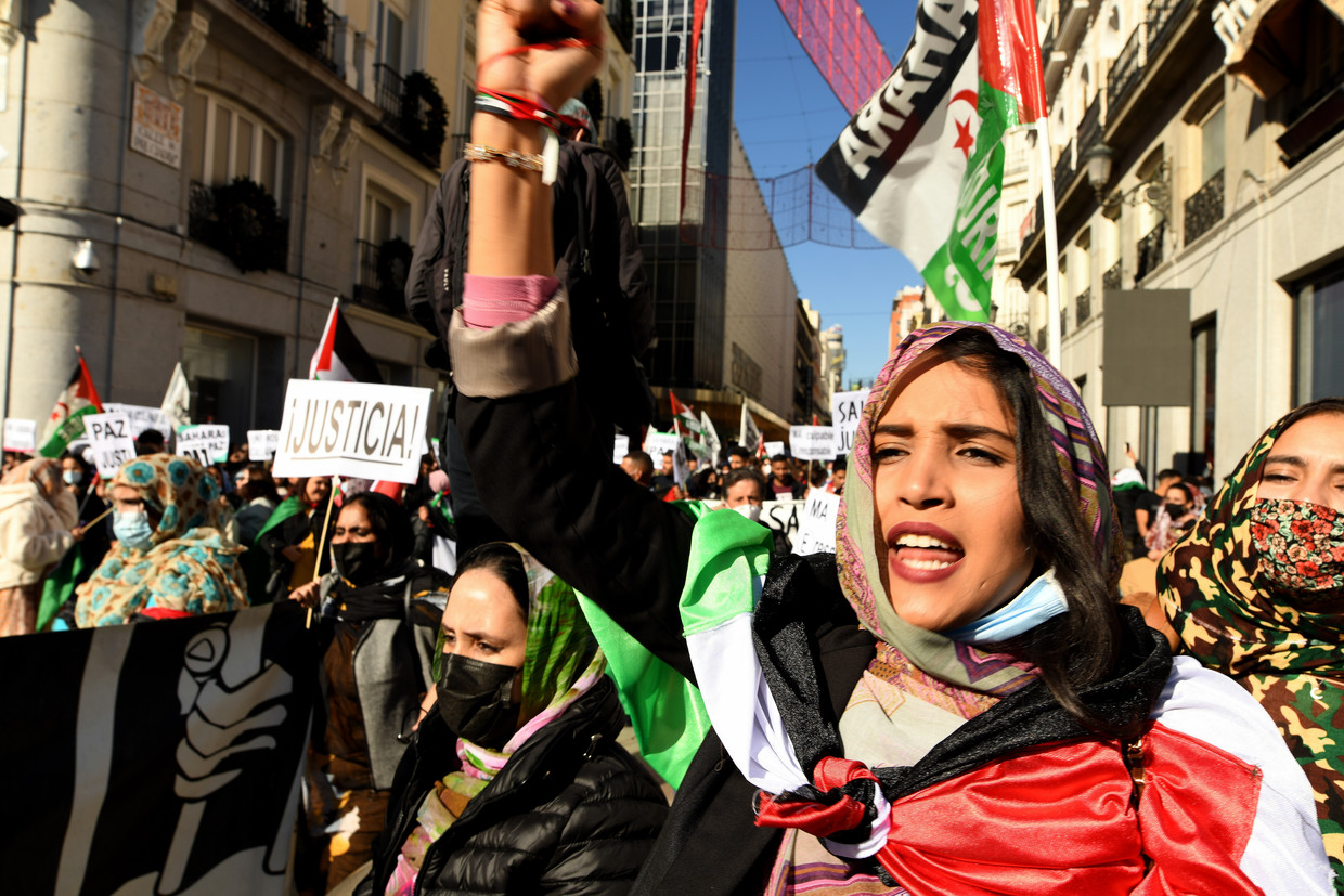 Betogers in Madrid eisen autonomie voor de Westelijke Sahara tijdens een protestmars in november. Beeld NurPhoto via Getty Images
