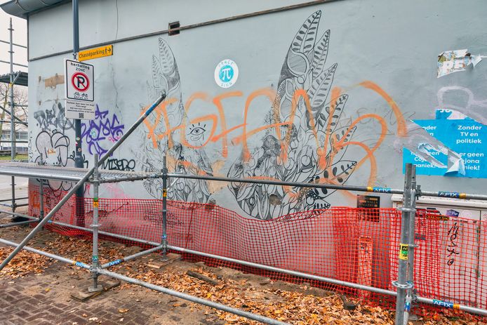 Het kunstwerk dat Kelsey Montague in 2017 op een zijgevel van de Bredase Stadsgallerij aan het Nonnenveld schilderde is beschadigd en omgeven en deels overgespoten met graffiti.