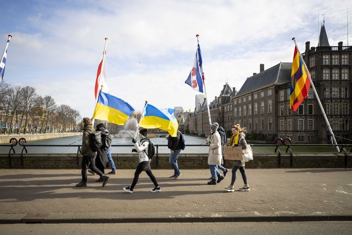 Demonstranten protesteren om te laten zien dat ze achter Oekraine staan na de Russische invasie. Ze hebben Oekraiense vlaggen bij zich en borden met teksten als ‘Stop War’ en ‘Stop Russia'.