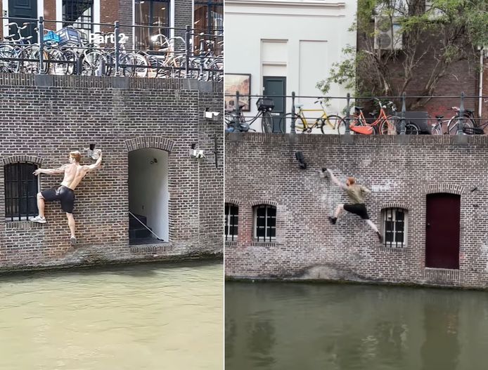 In de Utrecht Water Challenge beklimmen freerunners de gracht met hun blote handen.