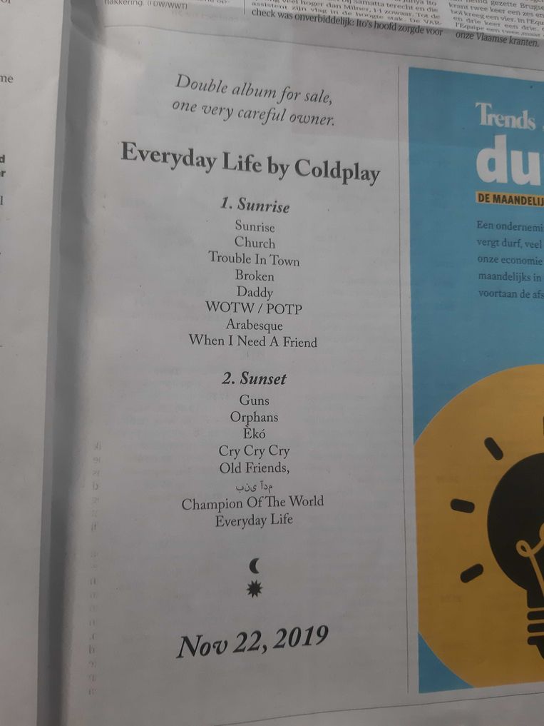 Het zoekertje van Coldplay dat vandaag in de krant stond. Beeld Beeld Twitter