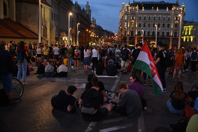 Demonstranten blokkeren de Elisabeth-brug in Boedapest.