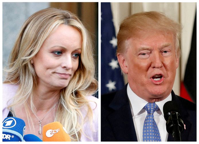 Links: de voormalige pornoactrice Stephanie Clifford, beter bekend als Stormy Daniels. Rechts: Donald Trump.