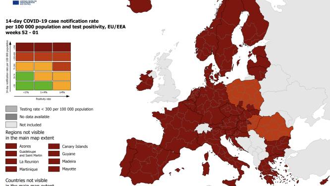 Heel Europa kleurt knalrood op nieuwe coronakaart, slechts 3 landen krijgen een lichtrode kleur