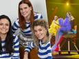 K3 tijdens voorstelling nieuwe single (links) en Marthe zit op een stoel tijdens 'Vleugels'-show (rechts).