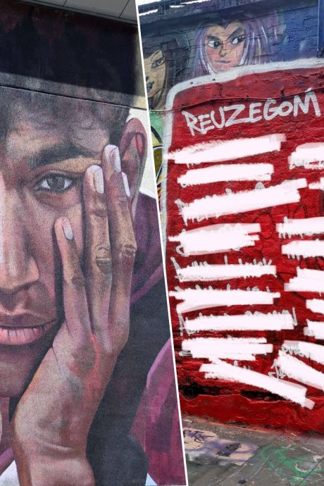 Les noms de 20 membres du cercle Reuzegom inscrits en graffiti dans le centre de Gand