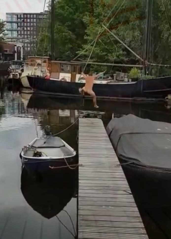 Martin van Hees duikt in zijn blootje de Amsterdamse gracht in na het vinden van de honderdste ring.