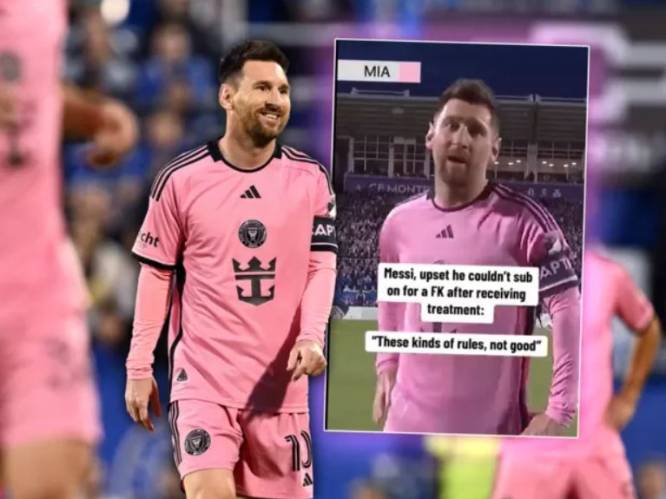 Lionel Messi richt zich tijdens de wedstrijd tot camera om onvrede over nieuwe spelregel te uiten