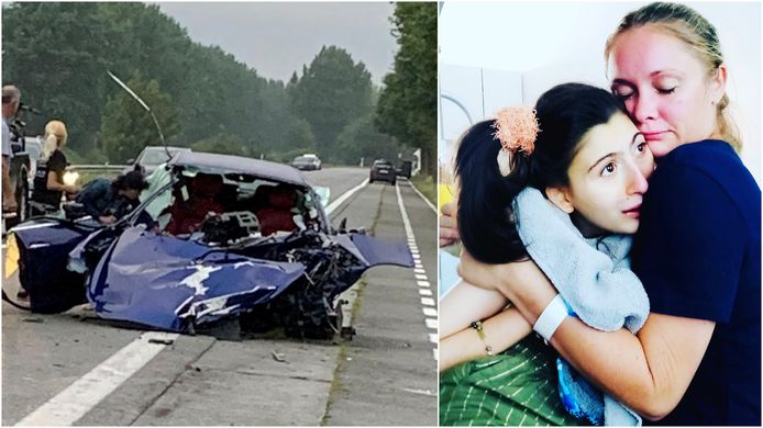 Links: de horrorcrash die het leven kostte aan Timothy Serpieters (35). Rechts: Nicky (39) is voor het eerst thuis uit het revalidatiecentrum en sluit dochter Dilara (21), een meisje met een zware handicap, in de armen. Een erg emotioneel weerzien.