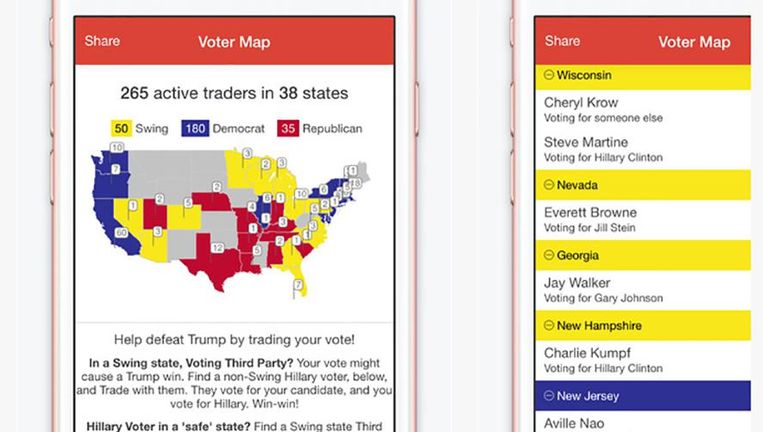 Met de app #nevertrump kunnen kiezers uit verschillende staten met elkaar gelinkt worden om zo stemmen te ruilen. Beeld #NeverTrump