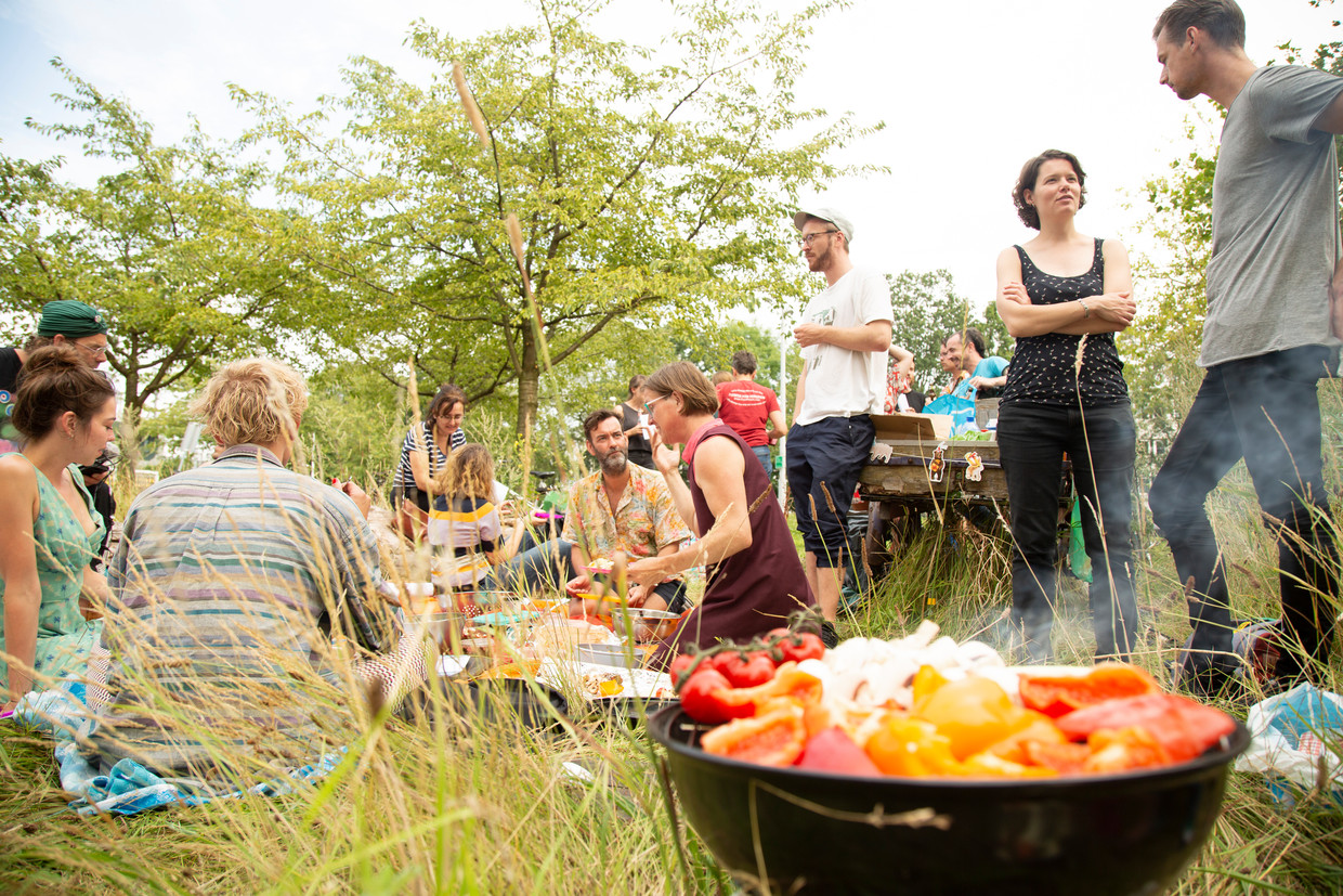 De initiatiefnemers van de woongroep in Amsterdam-Oost op het braakliggende stukje grond.  Beeld Daniela Paes Leao