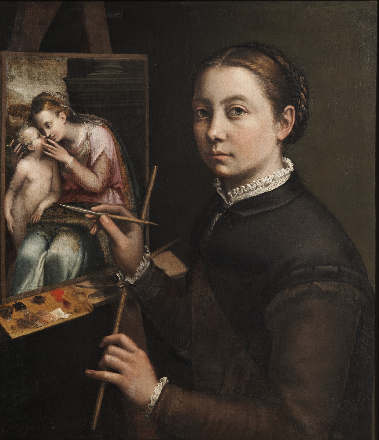  Sofonisba Anguissola, Zelfportret aan de schildersezel (ca. 1556–1557). Te zien in de tentoonstelling Vergeet me niet in het Rijksmuseum Amsterdam. Beeld Collectie museum Zamek, Lançut, Polen