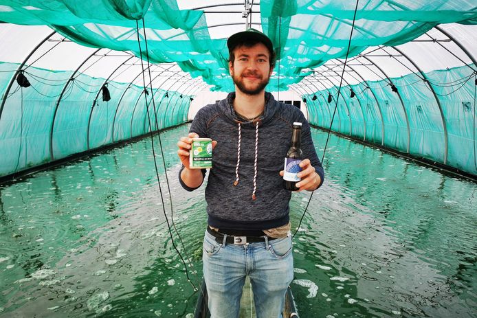 Xavier Delannoy toont waar de algen, die het bier een blauwe kleur geven, gekweekt worden.