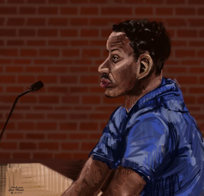 Rechtbanktekening van de medeverdachte in de koffermoord, Ali Y., tijdens een eerdere zitting.
