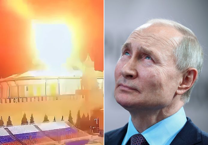 De ontploffing van een drone boven het Kremlin zoals die door een bewakingscamera werd gefilmd (links) en Vladimir Poetin
