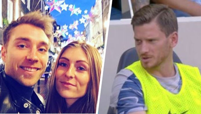 Links: Eriksen met zijn vrouw Sabrina Kvist Jensen, rechts: Jan Vertonghen met blauw oog.