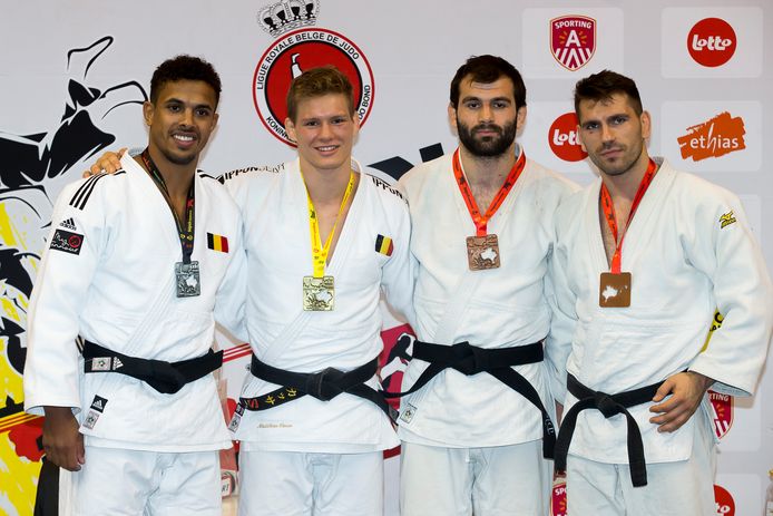 Het podium bij de -81 kg, met van l naar r: Sami Chouchi, Matthias Casse, Jeremie Bottieau en Osman Hanci.