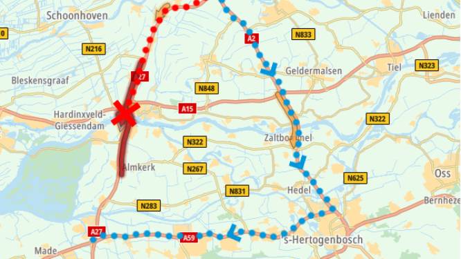 Ongeluk met vijf auto’s op A27 bij Werkendam
