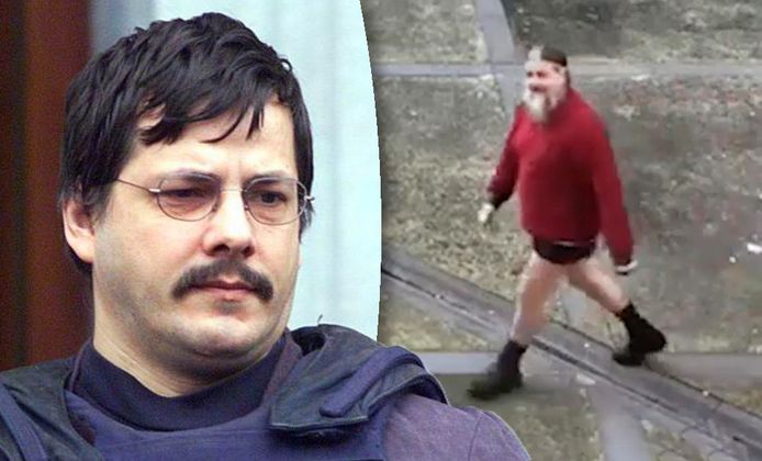 Marc Dutroux in korte broek, op de binnenplaats van de gevangenis. Ook hij wil vrij komen.