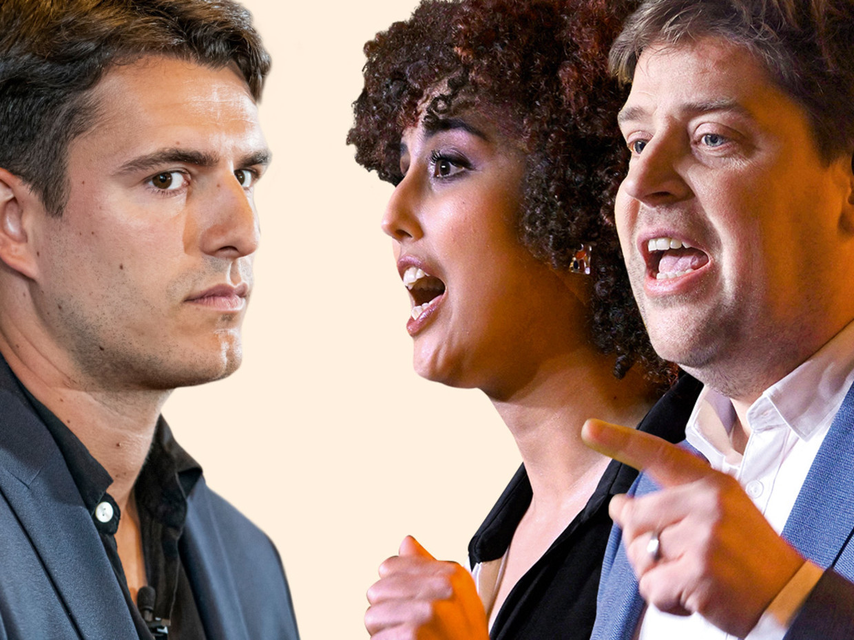 Partijvoorzitters Conner Rousseau (Vooruit) en Nadia Naji en Jeremie Vaneeckhout (Groen). Beeld belga / photonews