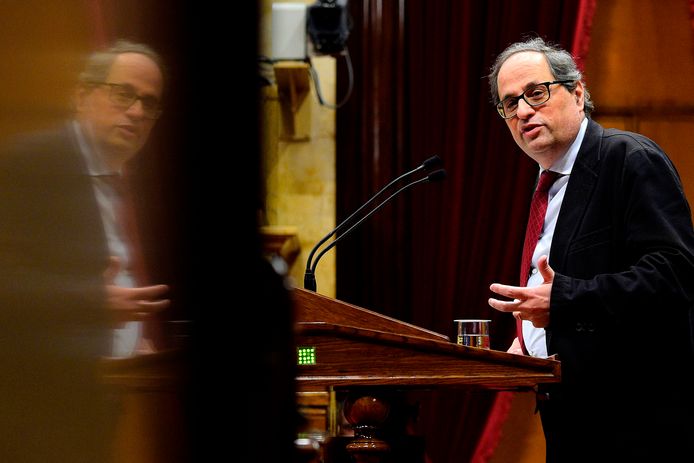 Quim Torra, hier tijdens een toespraak in het Catalaanse parlement op 1 maart.