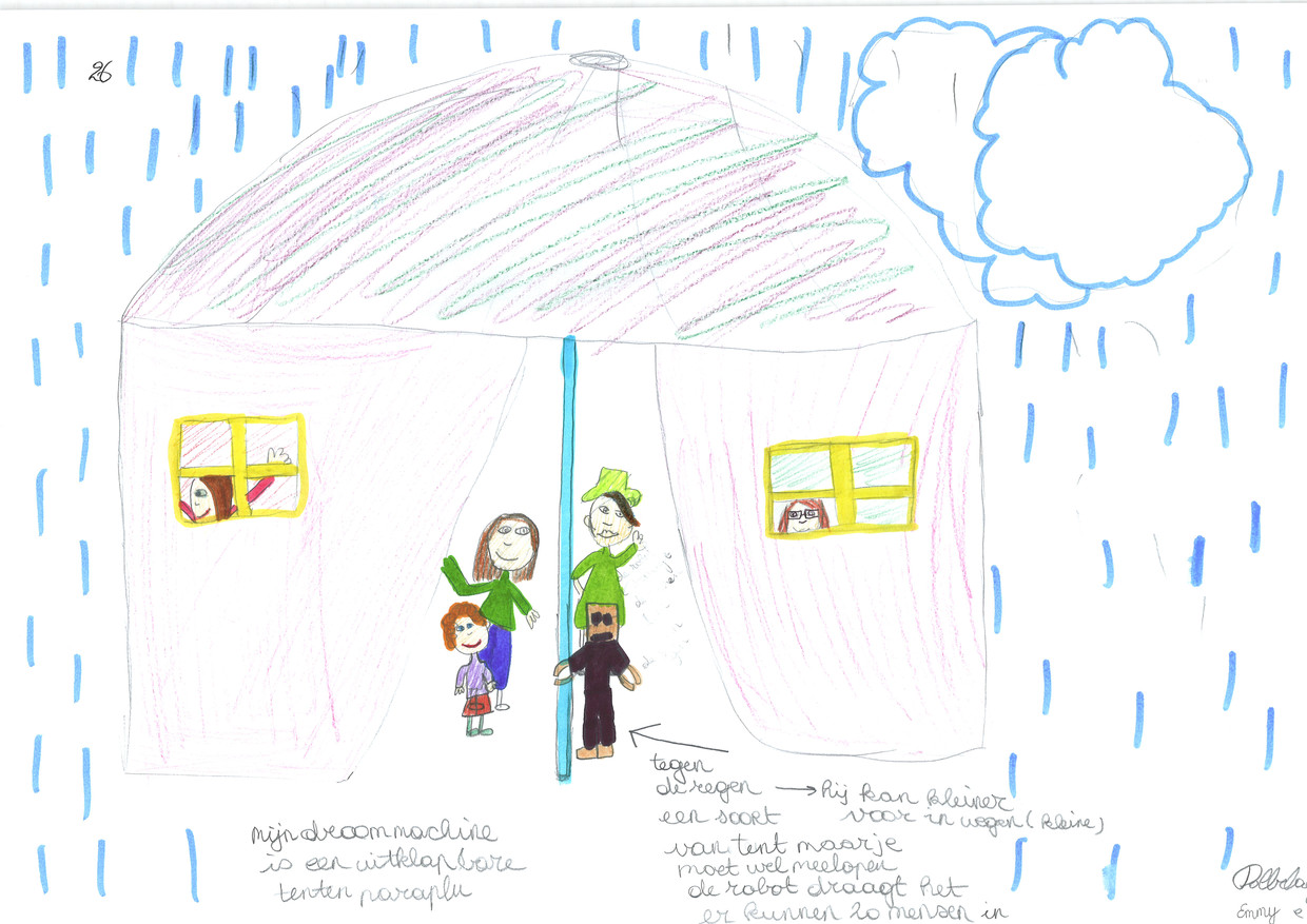 De tekening van de tentenparaplu is een van de vele droommachines die in de schoot van organisatie MyMachine uitgewerkt werden en nu ook écht bestaan. Beeld RV MyMachine