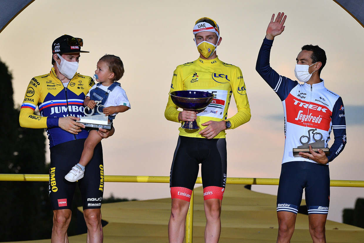 Primoz Roglic, Tadej Pogacar en Richie Porte op het Tourpodium. Beeld BELGA